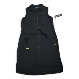 New SHARAGANO Women’s Sz 6 Black Collared Button Up Sleeveless Knee Length Dress
